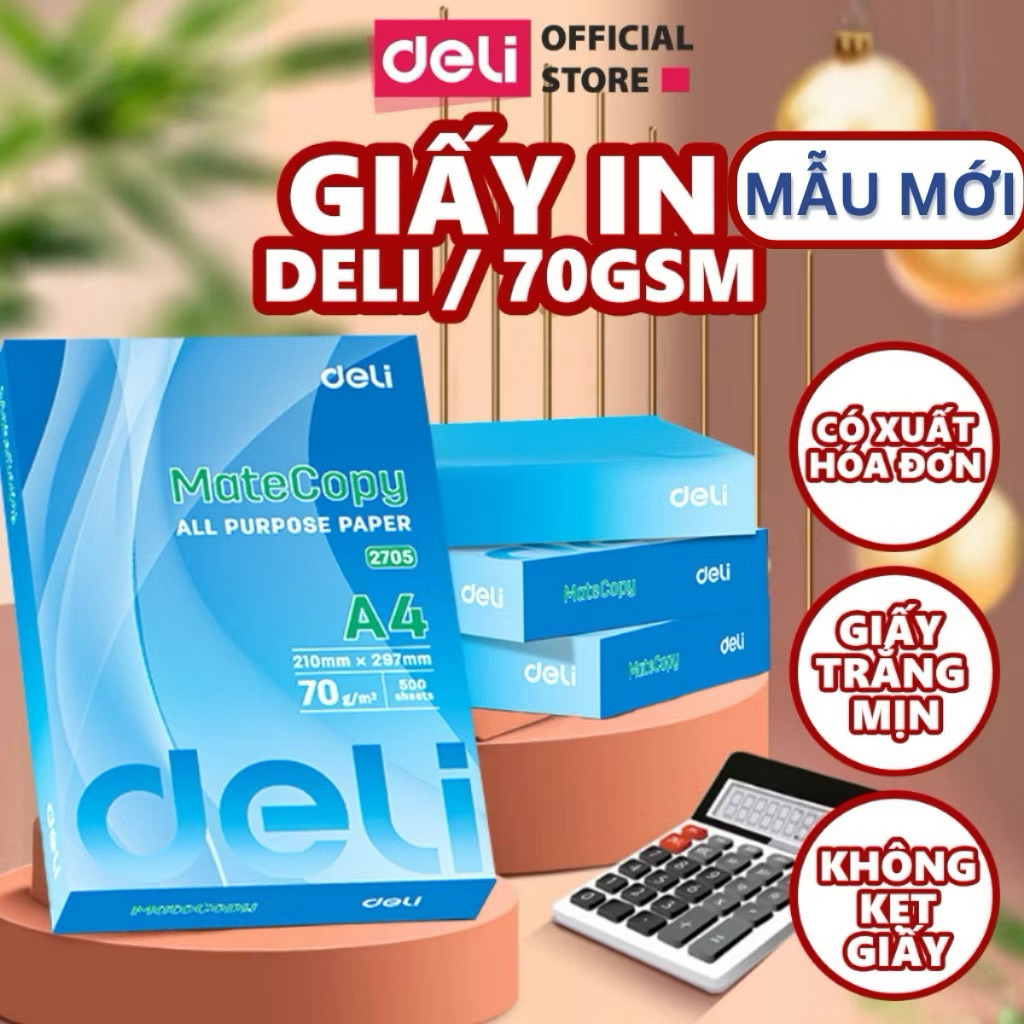 Giấy In A4 Deli 500 tờ , Giấy Photo Copy 70gsm Chính Hãng Loại Dày 500 Tờ/Ream Mịn Chống Loá ,
