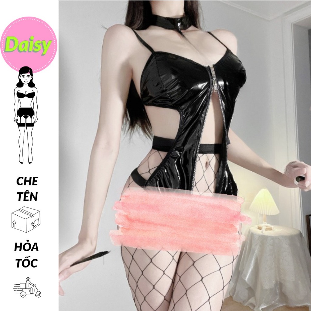 Bodysuit cutout táo bạo da bóng có dây kéo hở đáy sexy - đồ lót nội y liền thân 2 dây hở eo gợi cảm