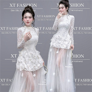 ĐẦM REN THIẾT KẾ CAO CẤP NGẮN PHỐI TÙNG XOÈ ĐÍNH HOA 3D NỔI CAO CẤP