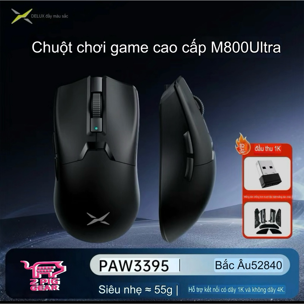Chuột Không Dây Gaming Delux M800 Pro / Ultra , RGB ,PAW3395 ,Chuột Chơi Game Cao Cấp Có Thể Lập Trì