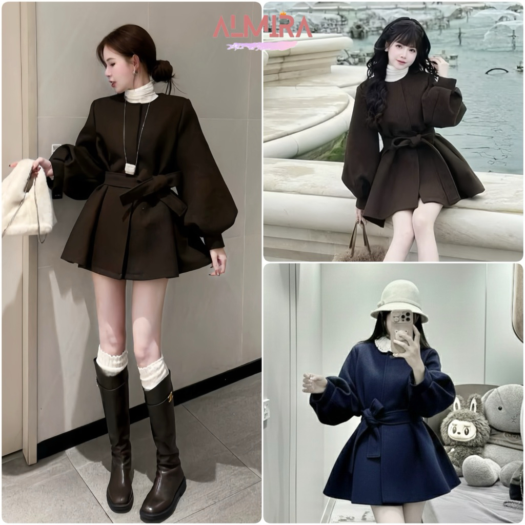 Áo Khoác Dạ Ép Hàn 2 Lớp Tay Phồng Buộc Eo Sang Chảnh Almira Store