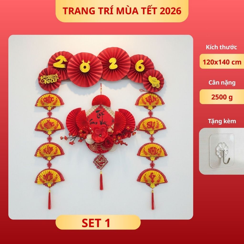 Set Trang Trí Tết 2026, Set Phụ Kiện Trang Trí Tết Treo Tường, Cửa Kính, Quán Cafe Decor Nhà Cửa Dịp
