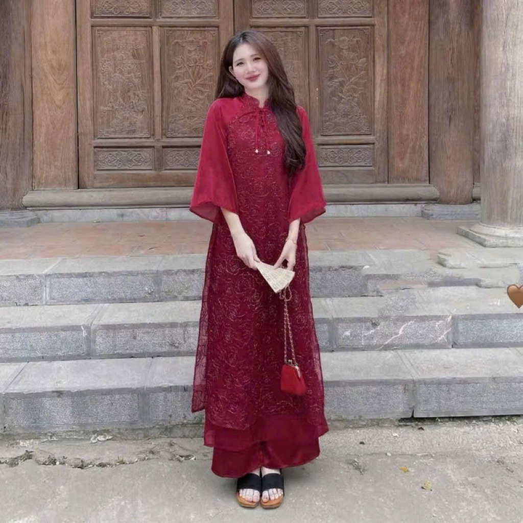 Mèo Mỡ Bigsize — Set áo dài cách tân hoa hồng Du Tiên kèm kèm quần lụa xuông bigsize 60-95kg | BigBuy360 - bigbuy360.vn