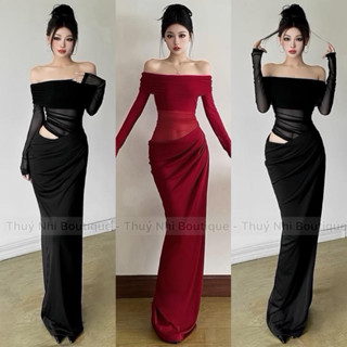   CÓ MÚT NGỰC  ĐẦM BODY BẸT VAI PHỐI LƯỚI TAY VÀ EO DÁNG DÀI ĐUÔI CÁ ĐI TIỆC ĐI BIỂN SLAY  40kg-60kg  