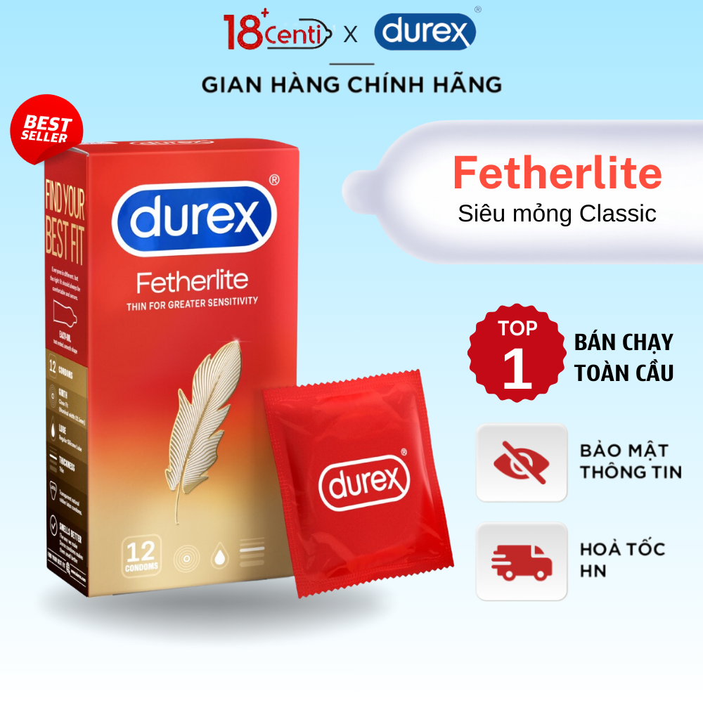 Bao cao su siêu mỏng ôm sát Durex Fetherlite 1 hộp 12 Bao - 18CENTI