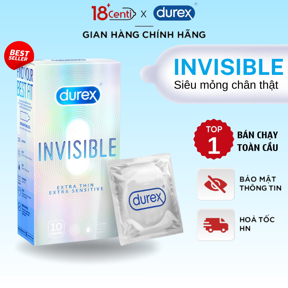 Bao cao su Durex Invisible siêu mỏng chân thật, kéo dài thời gian, siêu nhiều gel hộp 10 bao