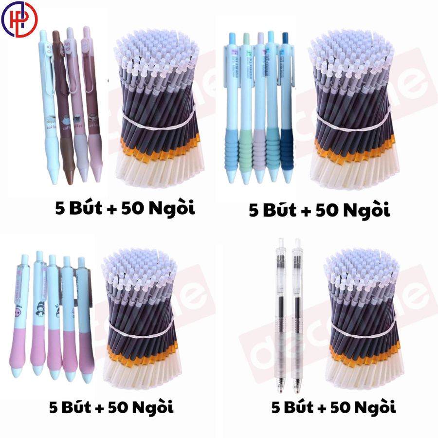 5 Bút + 50 Ngòi Bút Gel Bấm nhiều màu, ngòi bút nước bút gel muji 0,5mm mực đen xanh đỏ