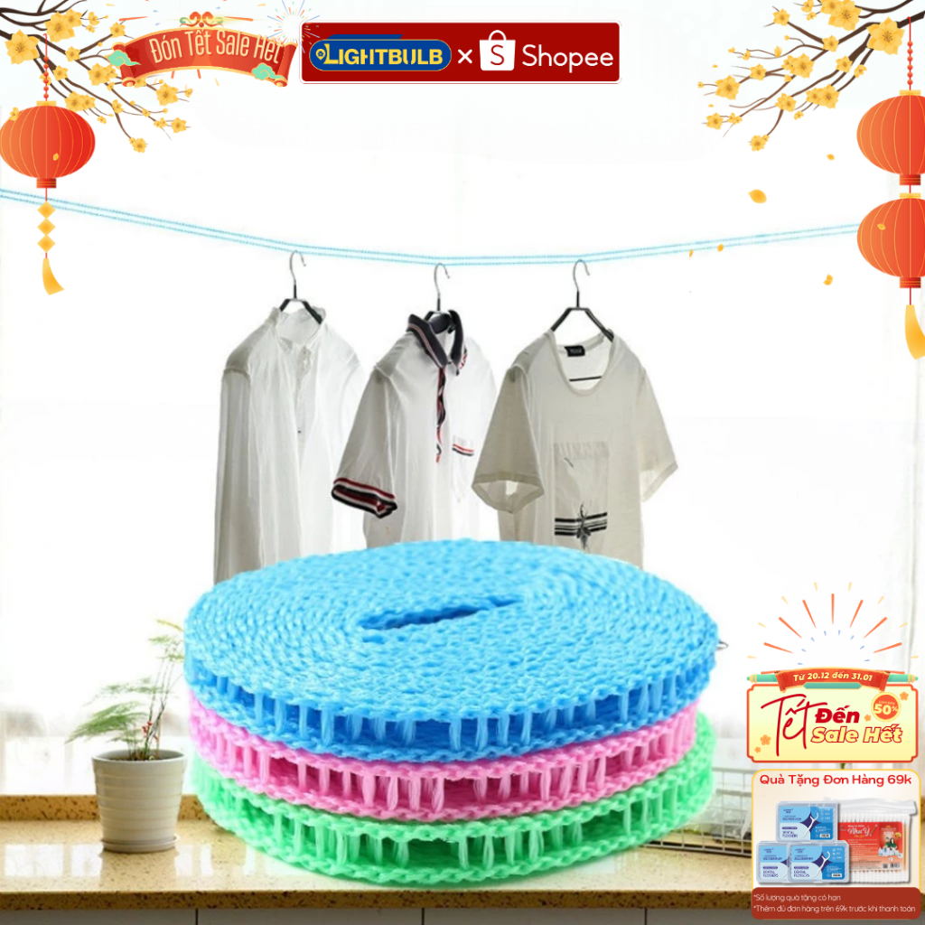 Combo 2 Dây Phơi Quần Áo Thông Minh LIGHTBULB Không Cần Khoan Dài 5M Cóc Móc Tiện Dụng