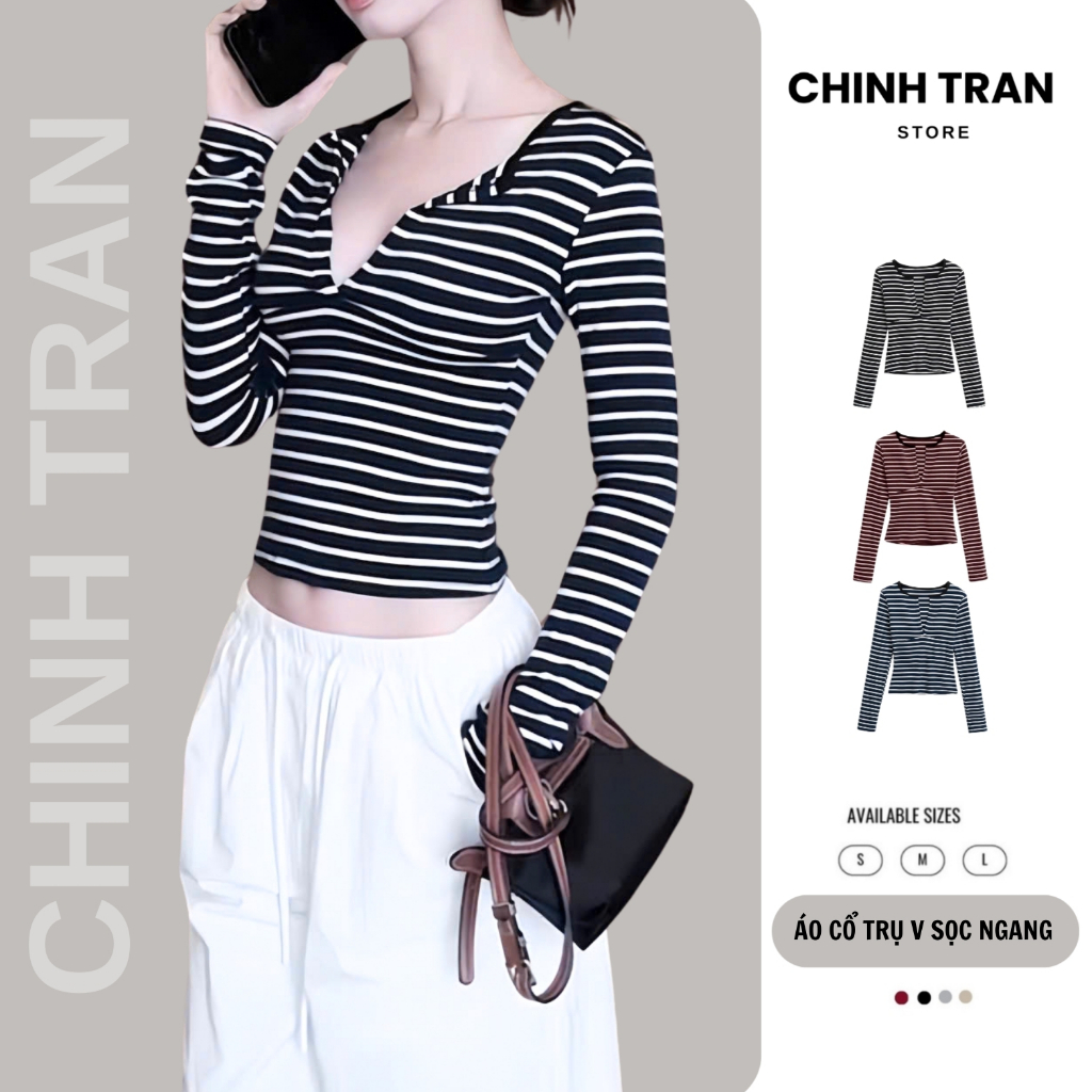   MỞ BÁN  Áo Thun Nữ Cổ Trụ Sẻ V Tay Dài Kẻ Sọc Ngang Basic Sexy - Chinh Trần Store 