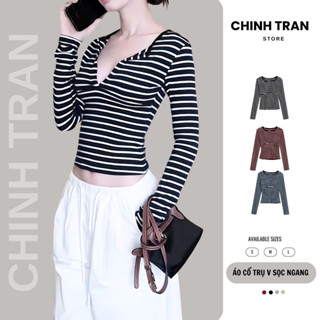   MỞ BÁN  Áo Thun Nữ Cổ Trụ Sẻ V Tay Dài Kẻ Sọc Ngang Basic Sexy - Chinh Trần Store 
