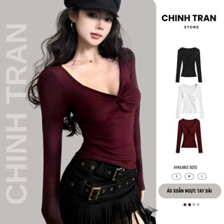   MỞ BÁN  Áo Thun Xoắn Ngực Dài Tay Ôm BodyThiết Kế Xẻ V Nữ Tính - Chinh Trần Store 