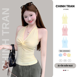   TẶNG SCRUNCHIES  Áo Cổ Yếm Xoắn Ôm Body Mịn Mát Nhiều Màu Pastel Xinh Xắn Nữ Tính - Chinh Trần Store 