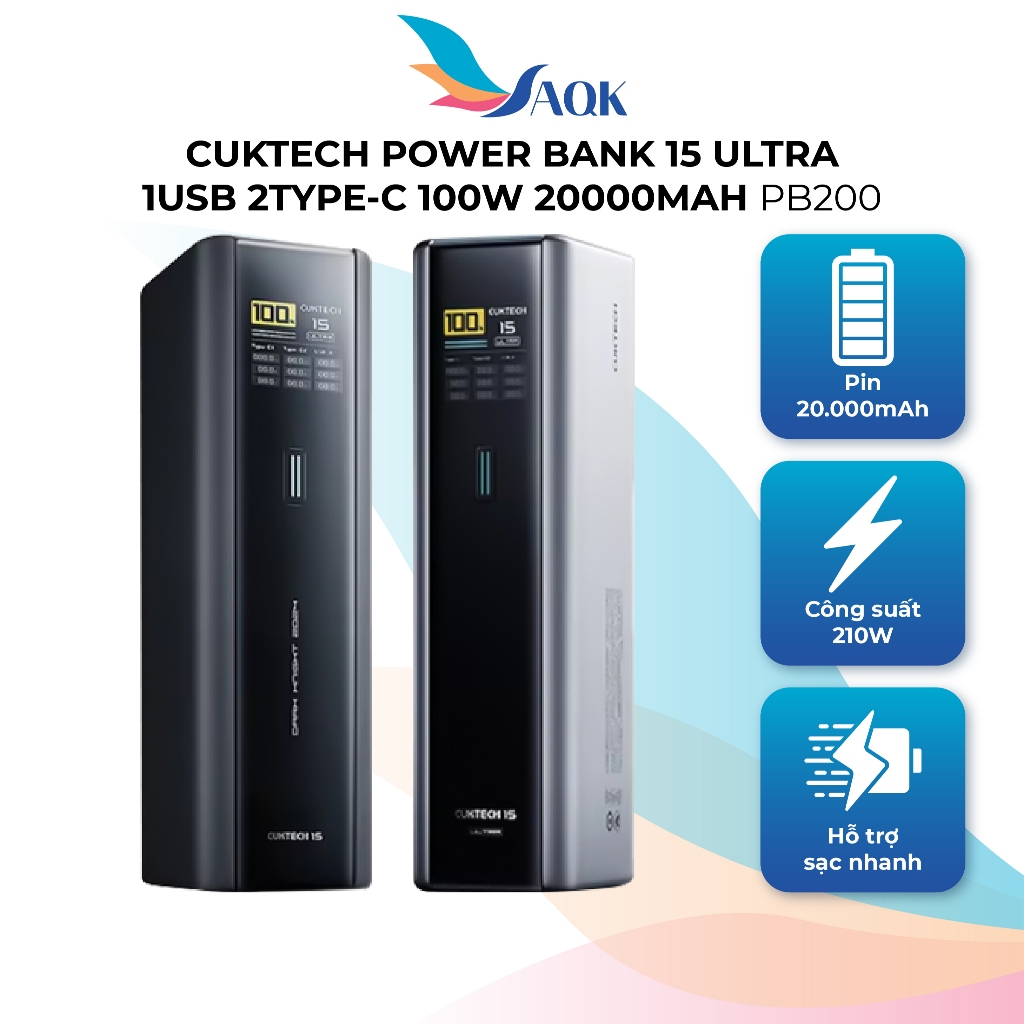 Sạc dự phòng Cuktech Power Bank 15 Ultra 1USB 2Type-C 100W 20000mAh PB200 - Hàng chính hãng