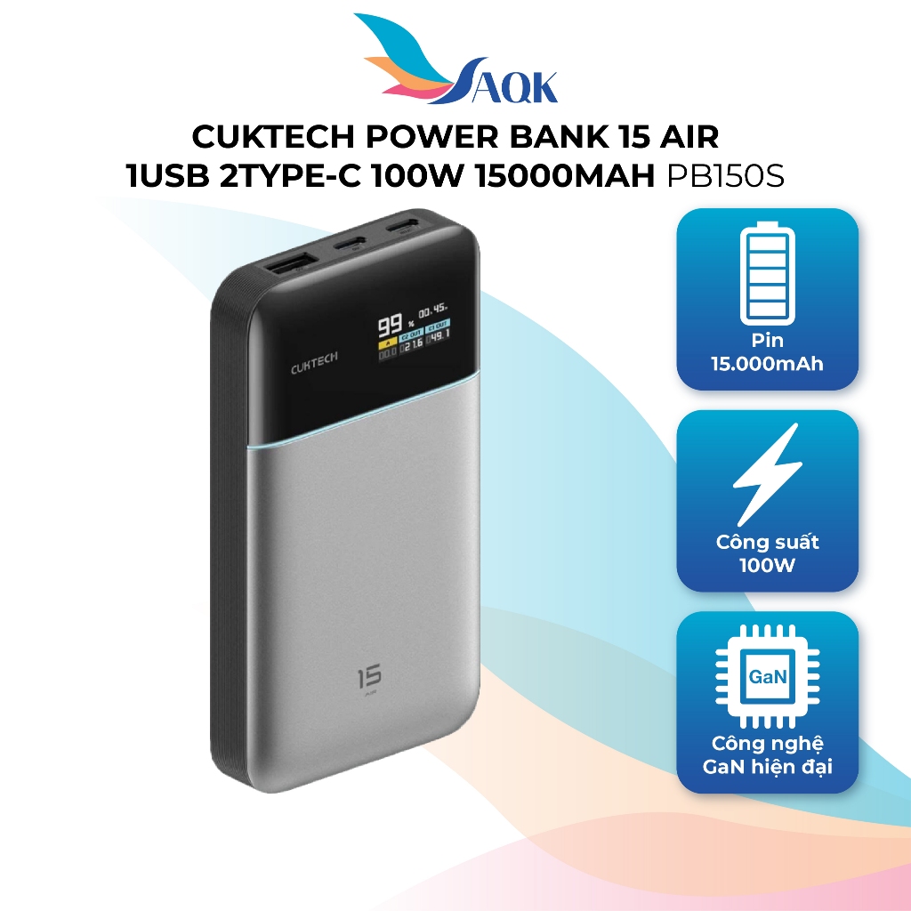 Sạc dự phòng Cuktech Power Bank 15 Air 1USB 2Type-C 100W 15000mAh PB150S - Hàng chính hãng