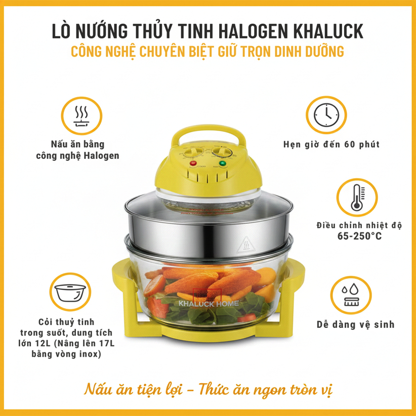 Lò/Nồi Nướng Thủy Tinh Khaluck KL-658H 12-17L 1300W – Nướng Quay Hâm Nóng Rã Đông