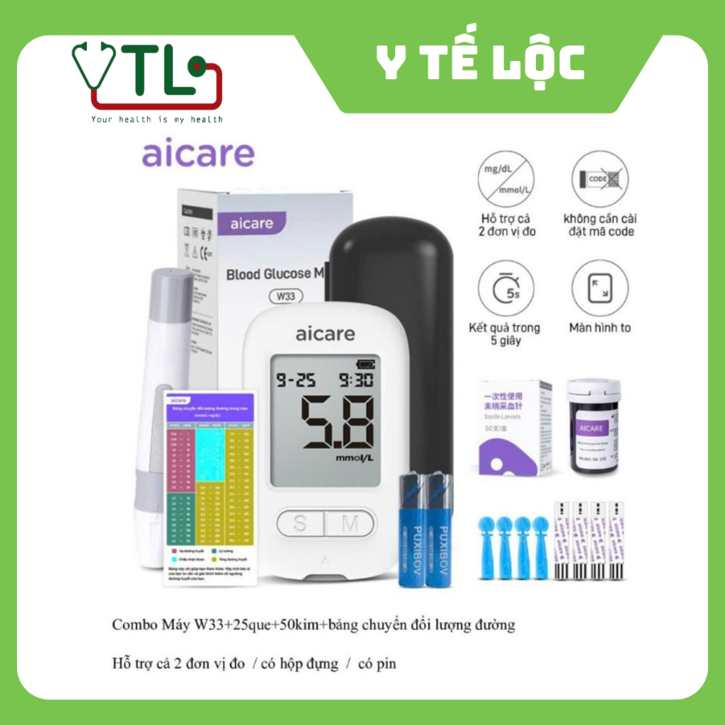 Máy Đo Đường Huyết ACCU Chính Hãng AICARE W33 + 25 que + 50 kim + bảng chuyển đổi ( có thể chỉnh đơn vị mg/dL - mmol/L )