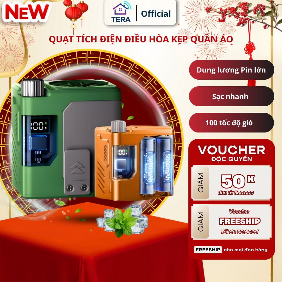 Quạt Tích Điện Điều Hòa Kẹp Quần Áo Đa Năng Mini 100 Mức Độ Gió Pin 10000mAh Sử Dụng Lên Tới 12H