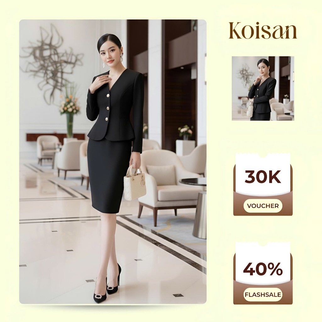 Bộ Vest Nữ Công Sở Cao Cấp KOISAN – Áo Vest Eo + Chân Váy Bút Chì Đen Tôn Dáng Sang Trọng W2650668