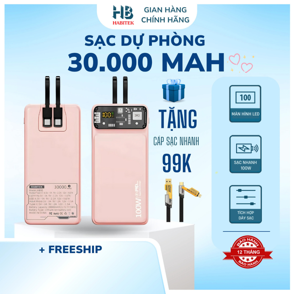 Pin Sạc Dự Phòng 30.000mah HB88 Habitek S.ạc nhanh 100W, Pin Dung Lượng Lớn, S.ạc Cho Nhiều Dòng Điệ