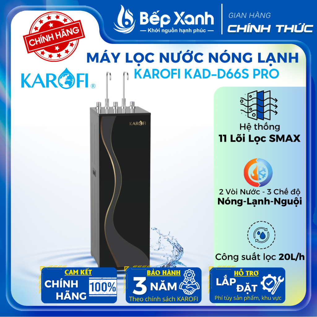 Máy lọc nước nóng lạnh Karofi KAD-D66S PRO - Nước Nóng+Lạnh+Nguội - 11 Lõi Lọc Uống Trực Tiếp