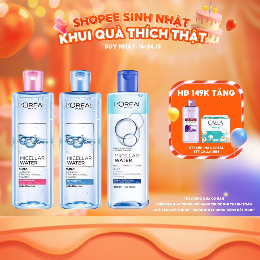 Nước Tẩy Trang Làm Sạch Sâu, Dưỡng Ẩm Cho Mọi Loại Da L'oreal 3-in-1 Micellar Water 400ml | BigBuy360 - bigbuy360.vn