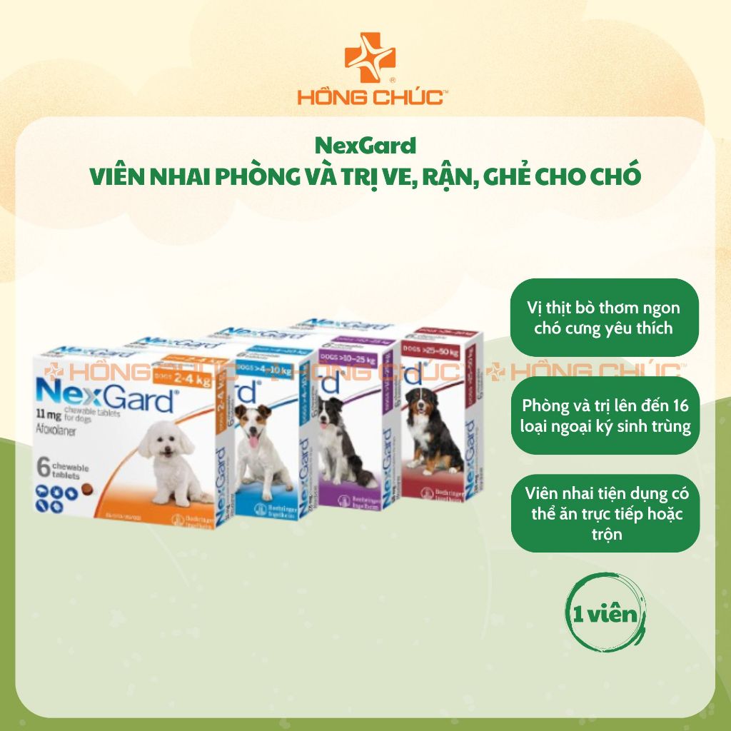 Viên nhai mềm NexGard phòng ve, rận, bọ, ghẻ, ngoại ký sinh trùng dành cho chó từ 2-50kg (1 viên) - Thú Y Hồng Chúc
