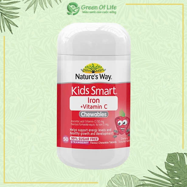 GREENOFLIFE - Viên Nhai Sắt VÀ Vitamin C Cho Bé Nature's Way Kids Smart Iron + Vitamin C 50 Viên