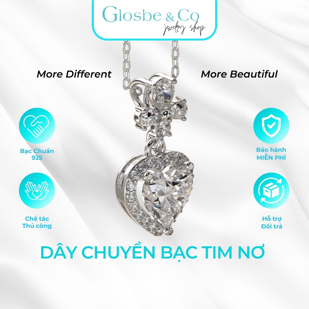 Dây Chuyền Tim Nơ Glosbe & Co Bạc 925 Viên Cubic Zirconia 7Ly Kết Hợp Đá Tấm - DNU98