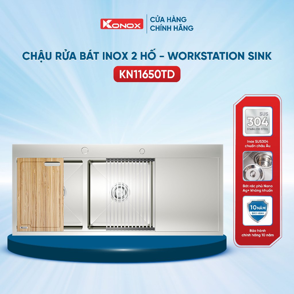 Chậu rửa bát inox 2 hố có bàn chờ Konox KN11650TD tích hợp phụ kiện - Bảo hành 10 năm
