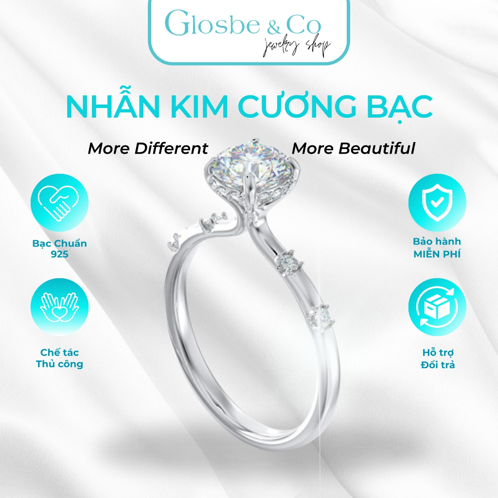 Nhẫn Kim Cương Nữ Diamond Basic Glosbe & Co Bạc 925 Viên Chủ 6.3mm Kết Hợp Đá Cubic Zirconia - NBN42