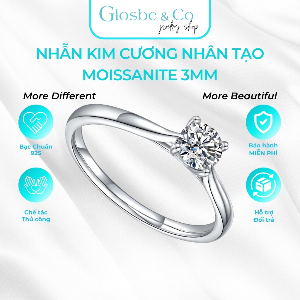 Nhẫn Kim Cương Nhân Tạo Moissanite Glosbe & Co Bạc 925 Đá Cubic Zirconia Cao Cấp - NHANMOI13