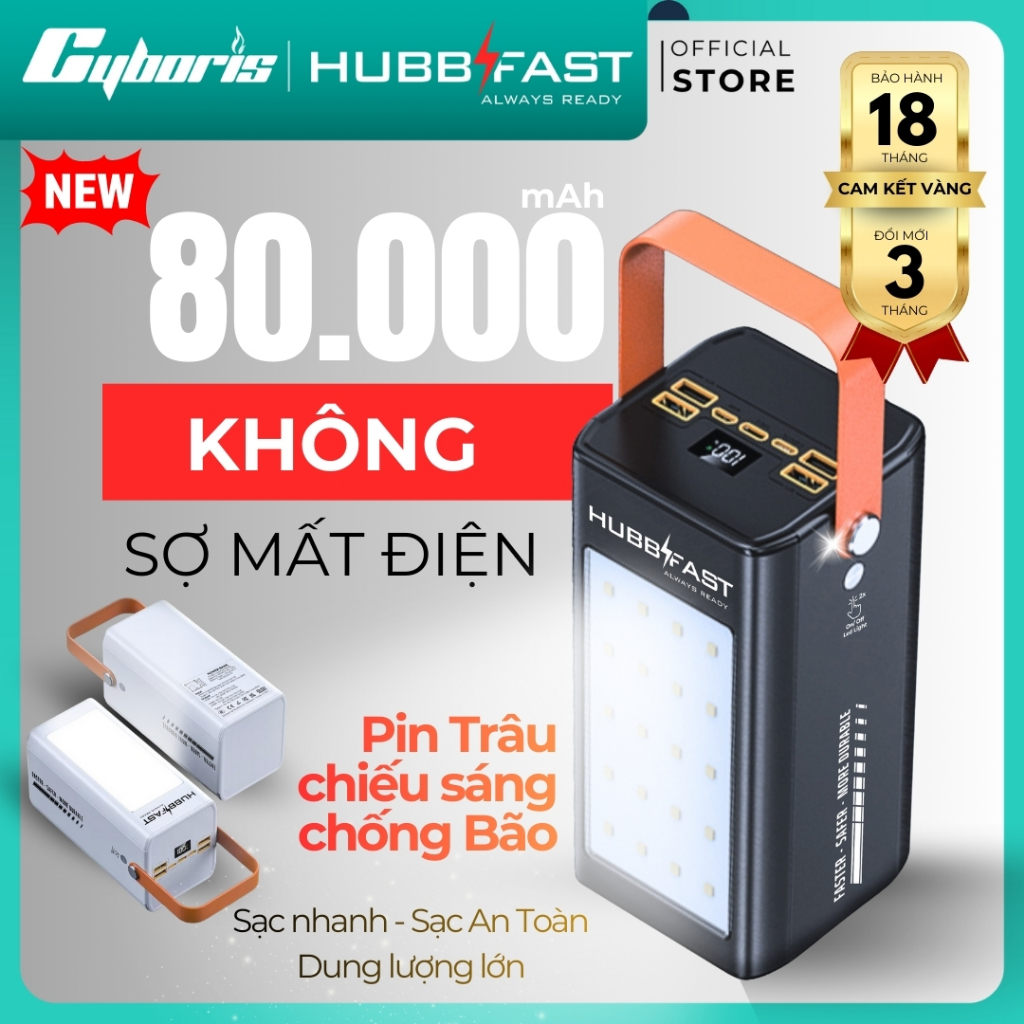 Bộ SẠC 80000mAh HubbFast PD100,sạc nhanh PD 22,5W,7 cổng,màn hình LED,đèn siêu sáng 10 ngày