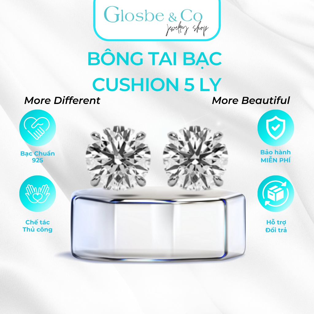 Bông Tai Bạc Cushion 5 Ly Glosbe & Co Viên Cubic Zirconia Cao Cấp Đơn Giản, Tinh Tế - BT80