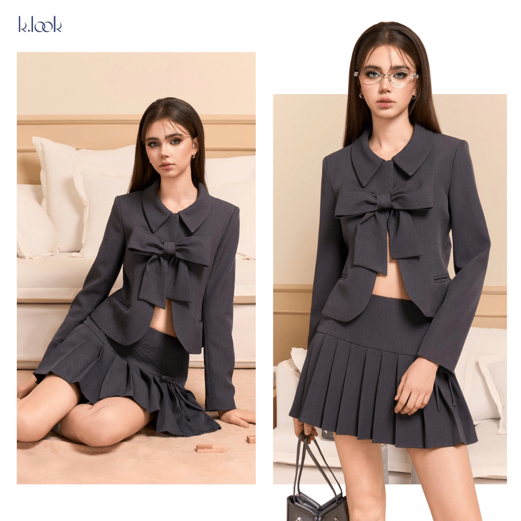 KLOOK Áo blazer nữ croptop ÉLORA Lumina, áo vest nữ tay dài phối nơ ngực dáng ôm thanh lịch sang trọ