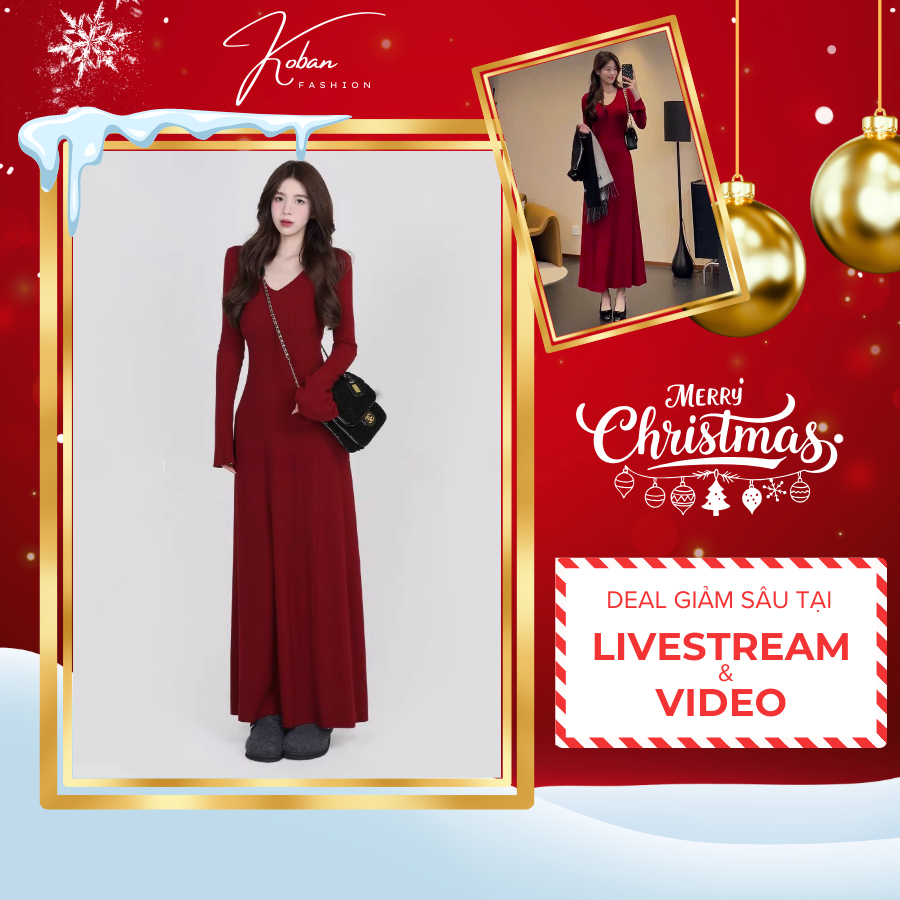 [KA31 - BST TẾT 2026] Váy đỏ KOBAN, đầm body len tăm dáng dài co giãn thoải mái phối đồ đi chơi Noel