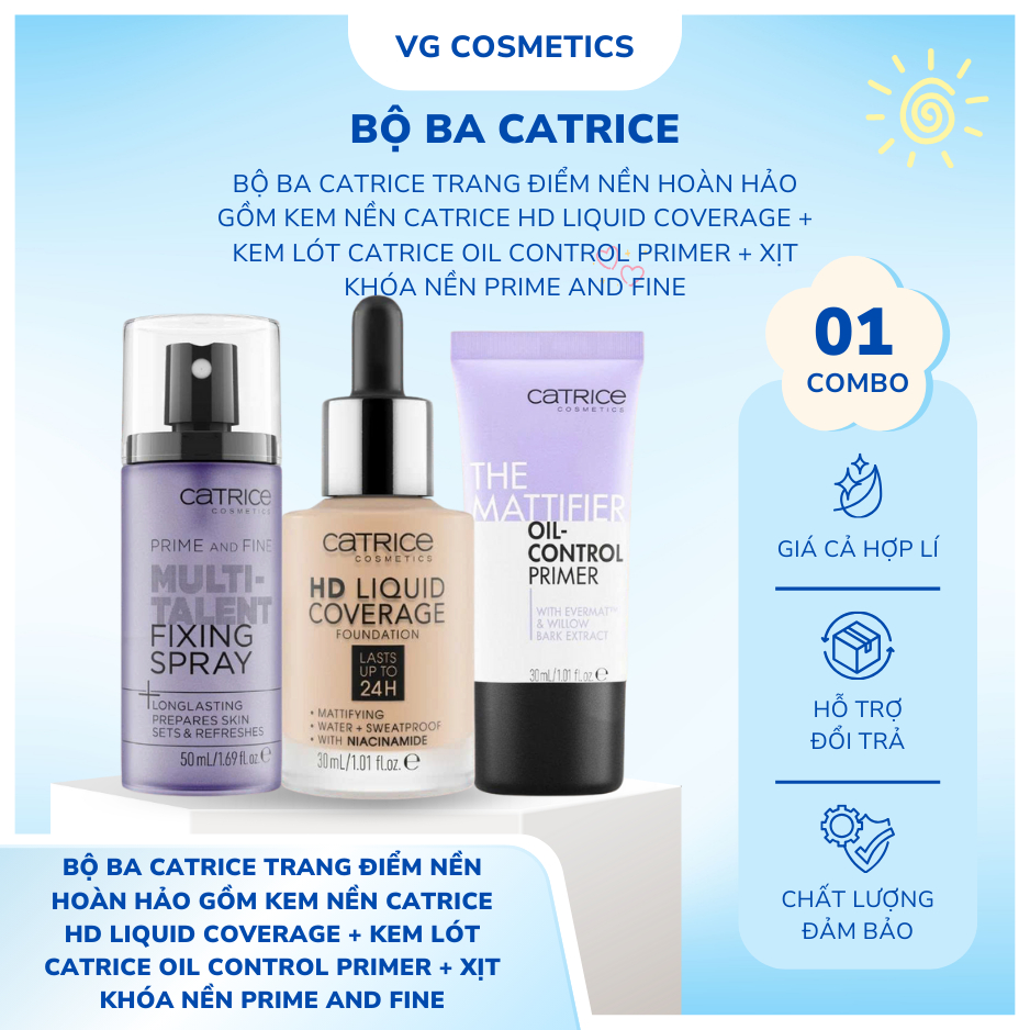 Bộ 3 Catrice nền HD gồm kem nền HD Liquid Coverage, kem lót Oil Control và xịt khóa Prime And Fine