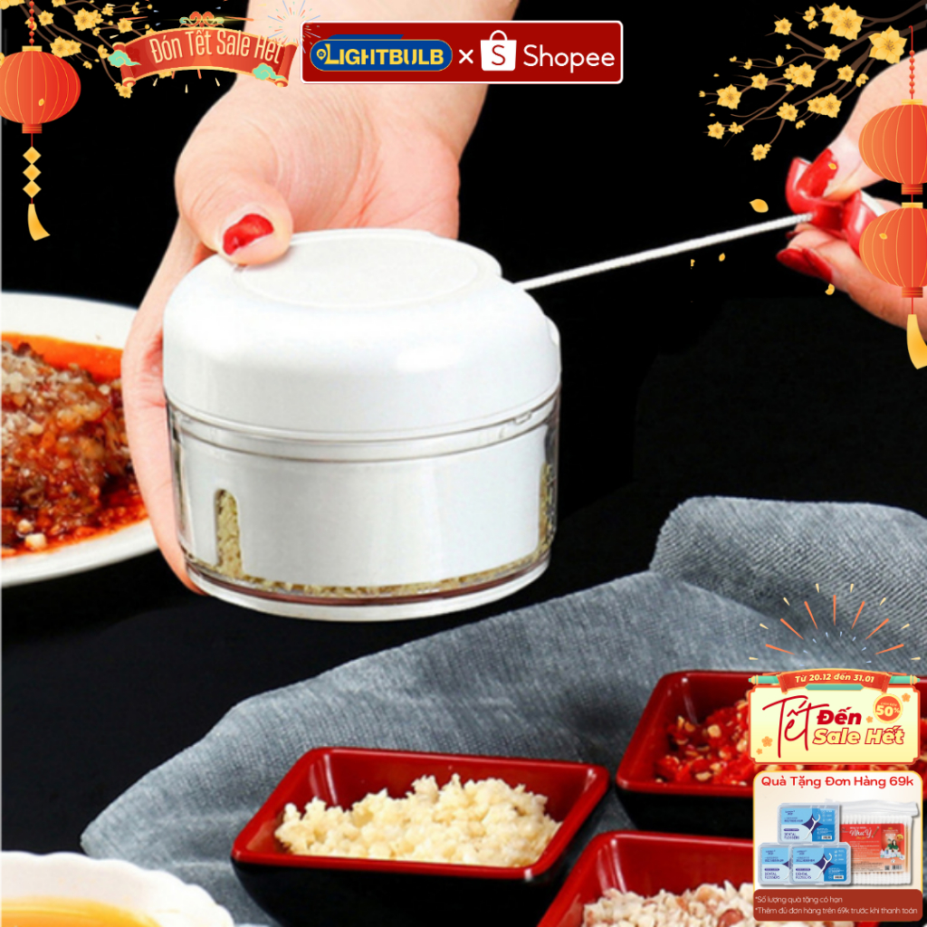 Máy Xay Tỏi Ớt LIGHTBULB Cầm Tay Mini Chopper Đa Năng - Dụng Cụ Xay Tỏi Kéo Tay Tiện Dụng