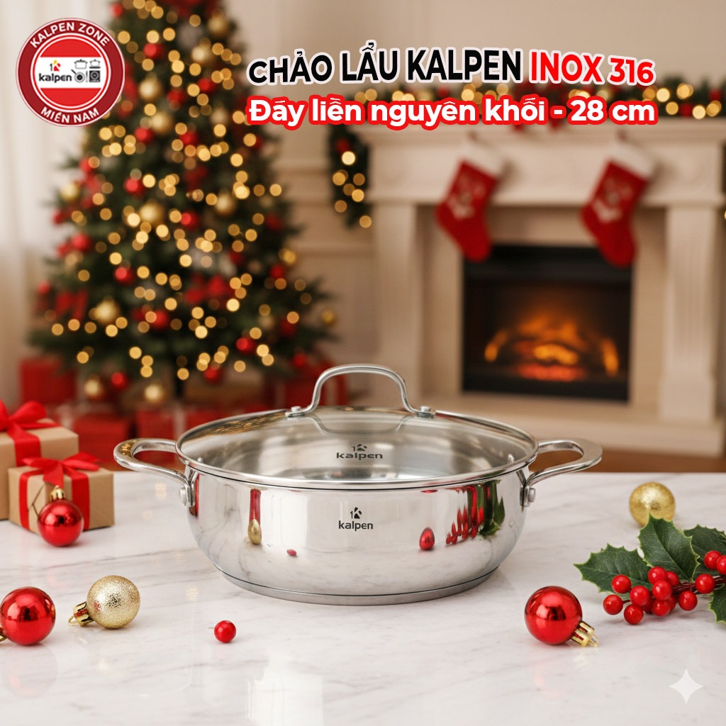 Chảo lẩu bếp từ inox 316 Kalpen đáy liền 28 cm, chảo xào sâu lòng, chảo inox nguyên khối cao cấp