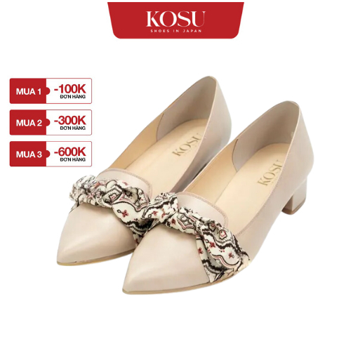 Giầy da KOSU đế vuông hoạ tiết gắn nơ thời trang Nhật Bản cao 3cm 24309