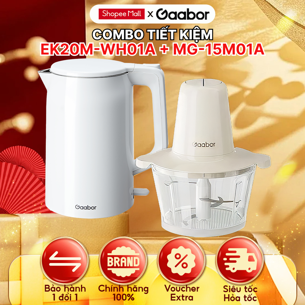 Combo Gaabor Bình đun nước siêu tốc inox 304 EK20M-WH01A Máy xay thịt thực phẩm đa năng MG-15M01A