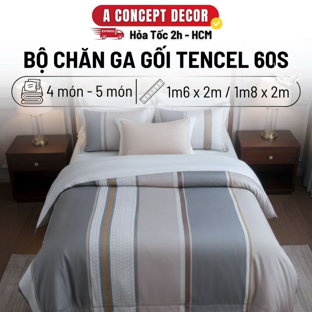 Bộ Chăn Ga Gối Cotton Tencel 60s A Concept Decor Bộ Ga Giường Tencel Cao Cấp Mát Bộ Drap Giường 5 Mó