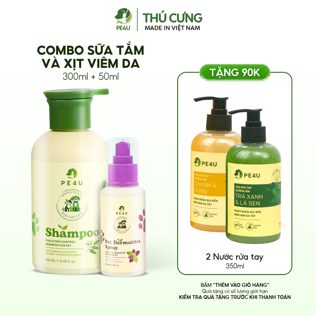 Combo Sữa Tắm Ve Rận Và Xịt Viêm Da Chó Mèo PE4U, Sạch Ghẻ, Hết Ve Rận Bọ Chét