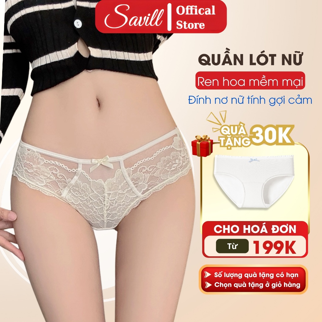 Quần lót nữ ren họa tiết đính nơ quyến rũ, Quần chip nữ cạp vừa đáy may 2 kháng khuẩn SAVILL L8809