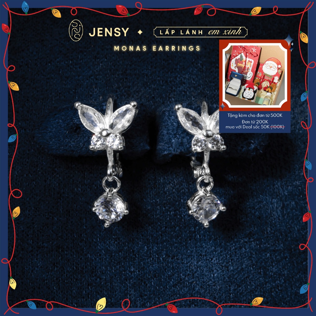  Bông Tai Bạc Nữ S925 Cao Cấp JENSY Cánh Bướm Đính Đá "Monas" BTTL1. Khuyên Tai Bạc Nữ Dễ Thương 