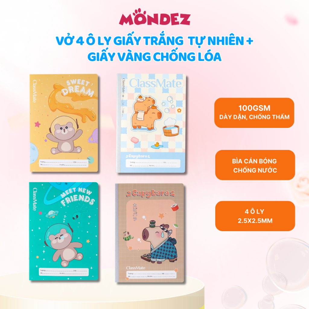 Combo 5 Vở 4 Ô Ly Cấp 1 CLASSMATE,  Vở 4 Ô Ly 48 - 80 - 120 Trang 120GSM, Giấy Trắng Tự Nhiên và Giấ