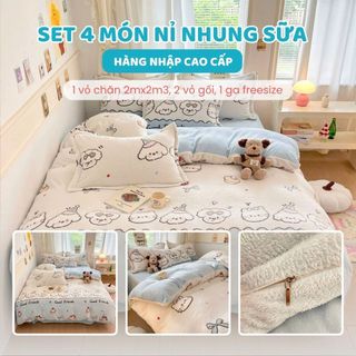   40 MẪU  Set 4 Món Vỏ Chăn Ga Gối Nỉ Nhung Sữa Lông Mềm Không Gây Tĩnh Điện Họa Tiết Hoạt Hình Dễ Thương 