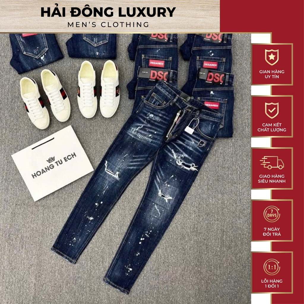 Quần Jean Xanh DSQ2 Tag D2 Túi Đỏ Bản Rách Vá,Vẩy Sơn Siêu Đẹp,Chuẩn Hàng Loại 1 Fom Ống Côn Chuẩn