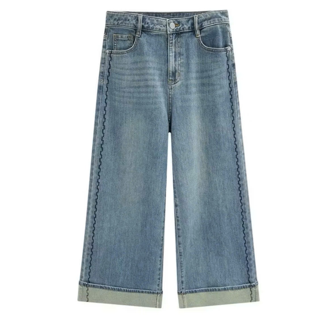 105cm Quần Jeans Nữ Ống Suông Đứng Thêu Sườn CO giãn