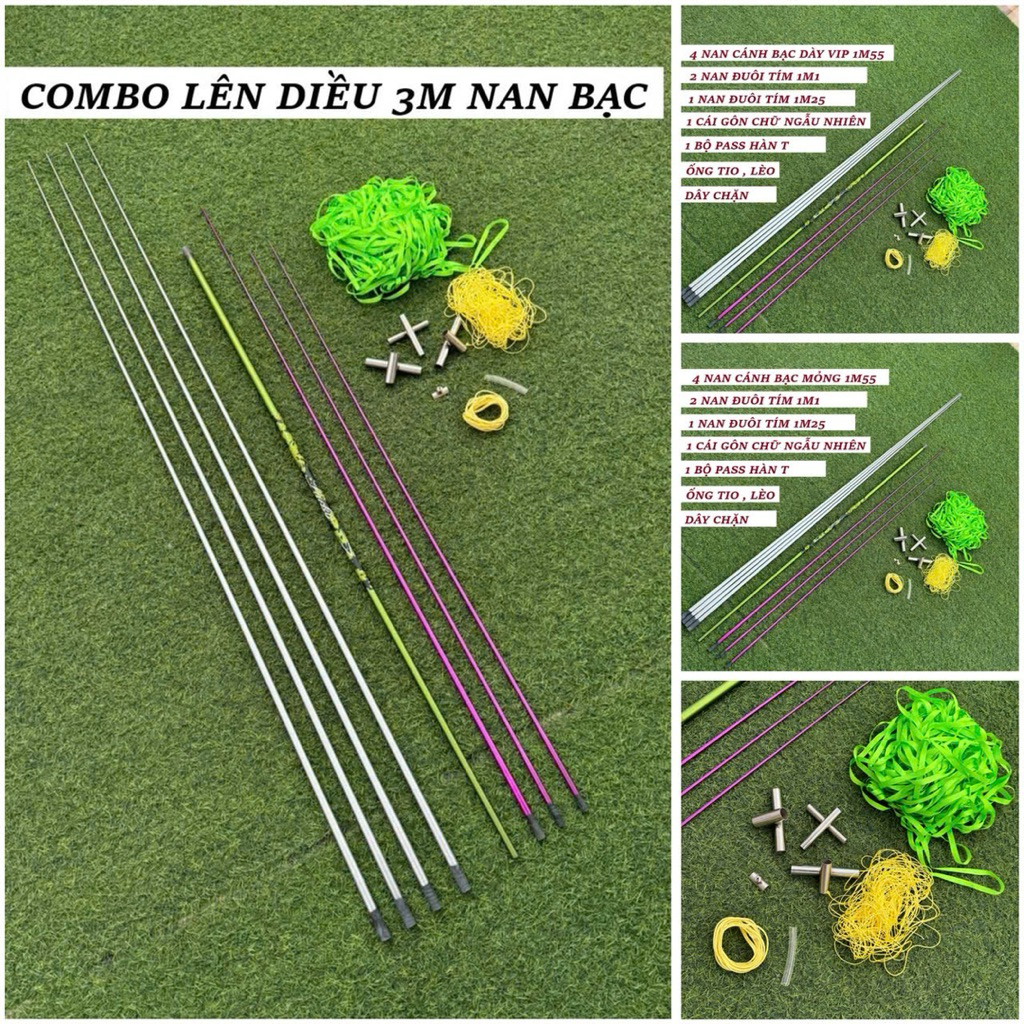 Combo lên diều 3m nan cánh bạc vip dày - bạc vip mỏng dáng đuôi cá kèm full phụ kiện làm diều