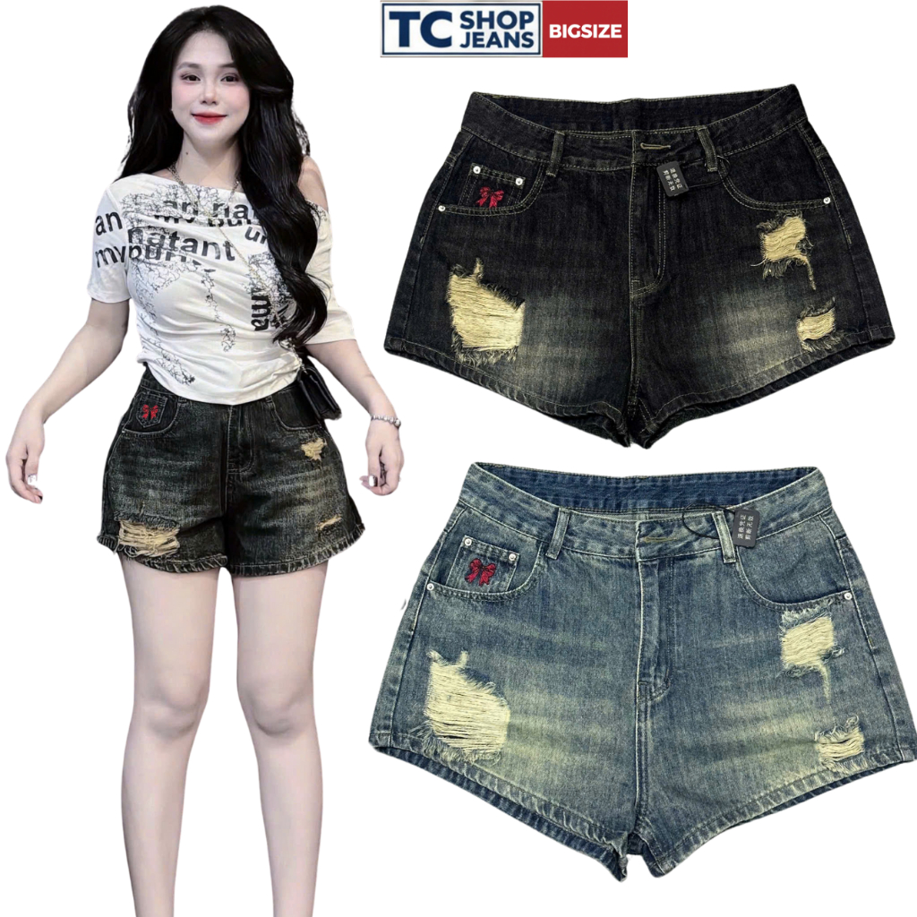 Quần short jean nữ thêu nơ đỏ phối rách nhẹ TC SHOP JEANS bigsize 55-90kg chất jean mềm không giãn M